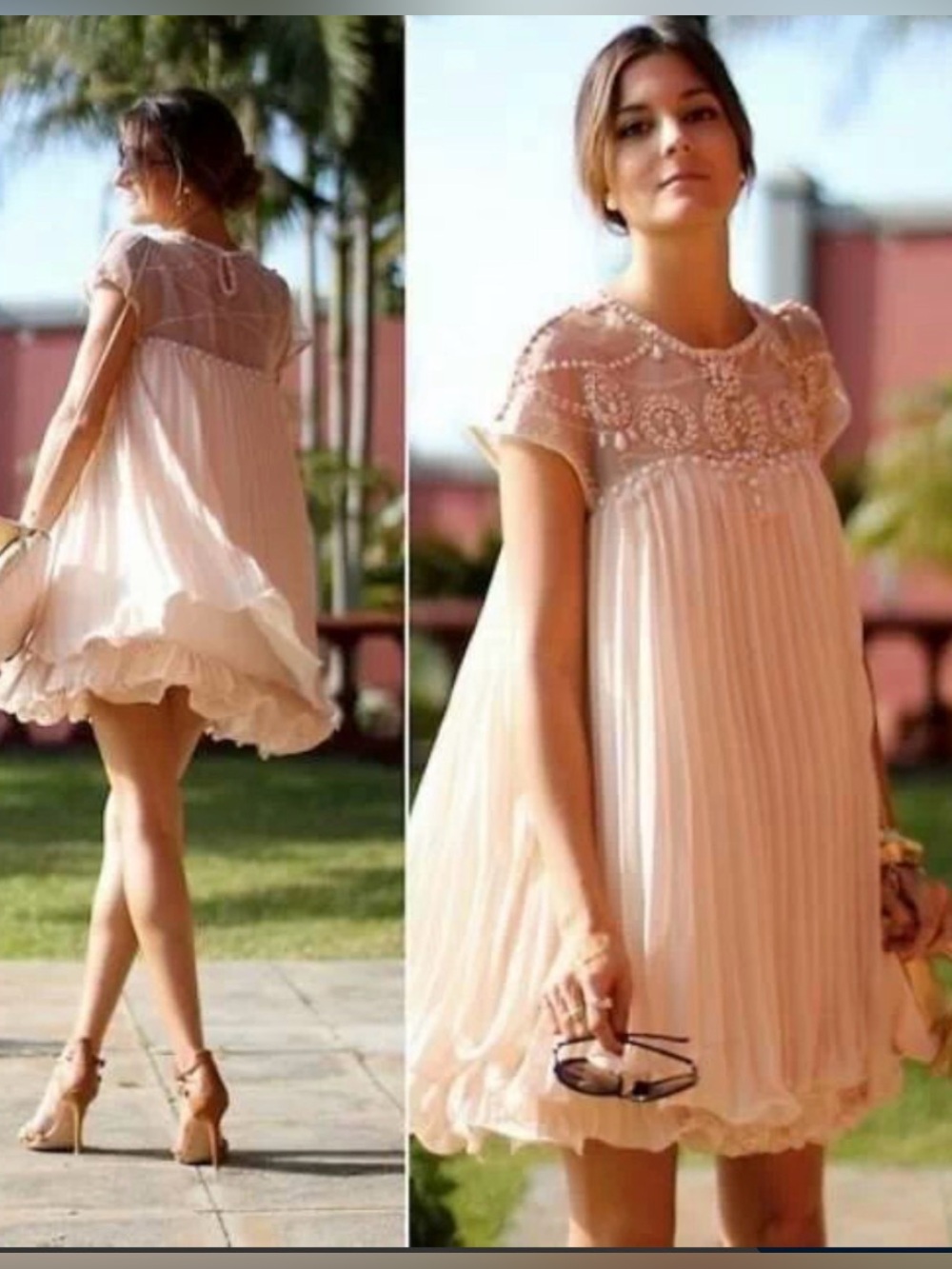 Chicwish Peach Beaded Mesh Pleated Flouncy Dress